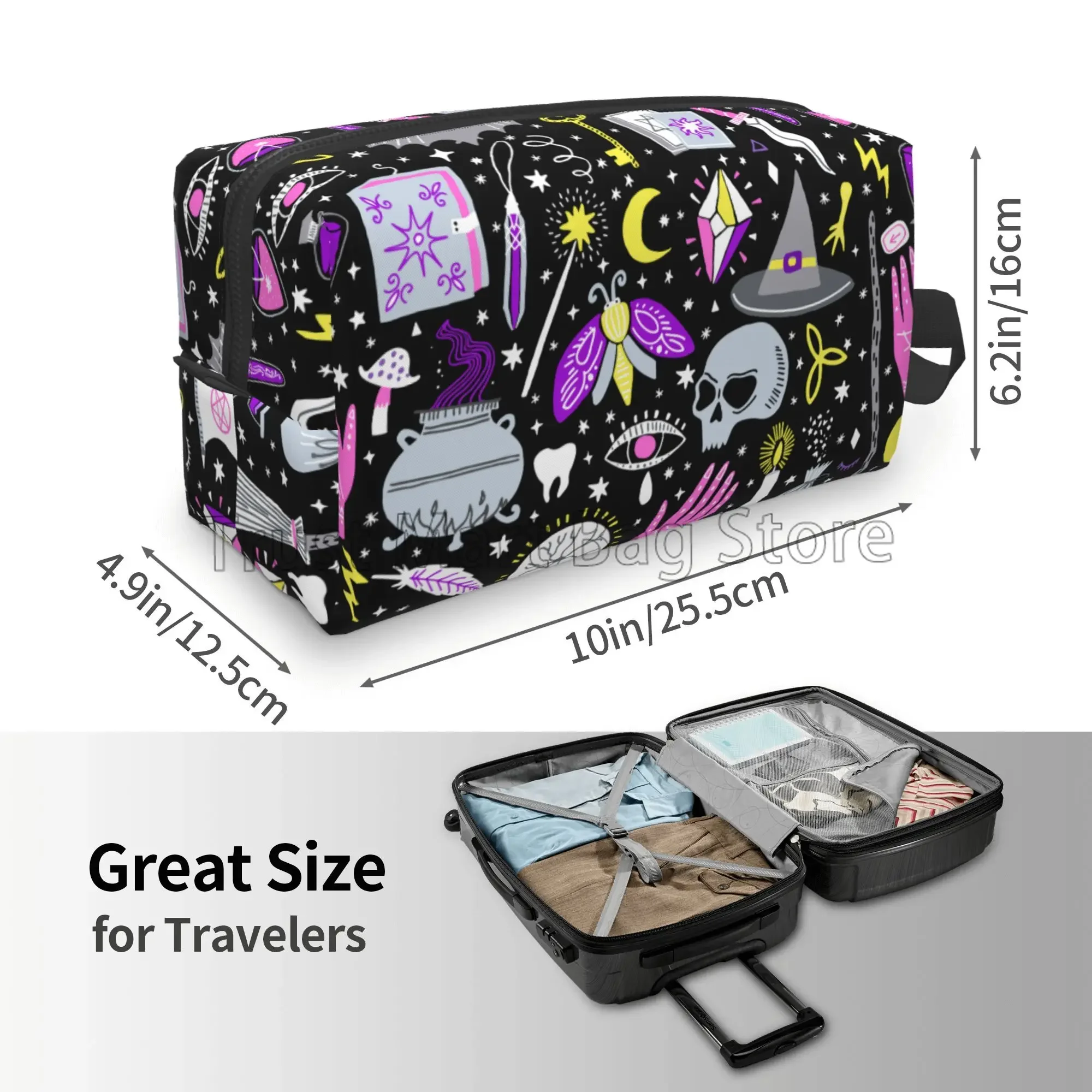 Magic Witch Goth Gothic Witchy Skull Makeup Bag Organizer Large Cosmetic Bags Portable Travel Toiletry Bag Women Storage Pouch