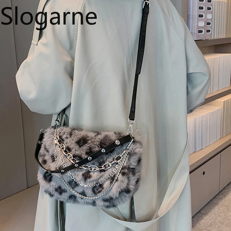 موضة ليوبارد حقيبة المرأة السنة الجديدة هدية أرنب فو الفراء حقيبة يد السيدات الشتاء رقيق حقائب كتف فروي حقائب بيد علوية مخلب