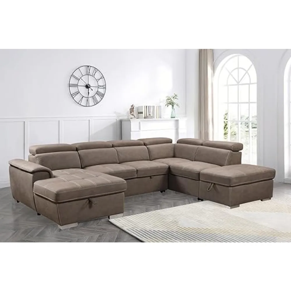 Wohnzimmer Sofas,U-Shaped Sectional Sofa with Pull-Out Bed, Adjustable Headrests, and Storage Chaise, U-Shaped Sectional Sofa