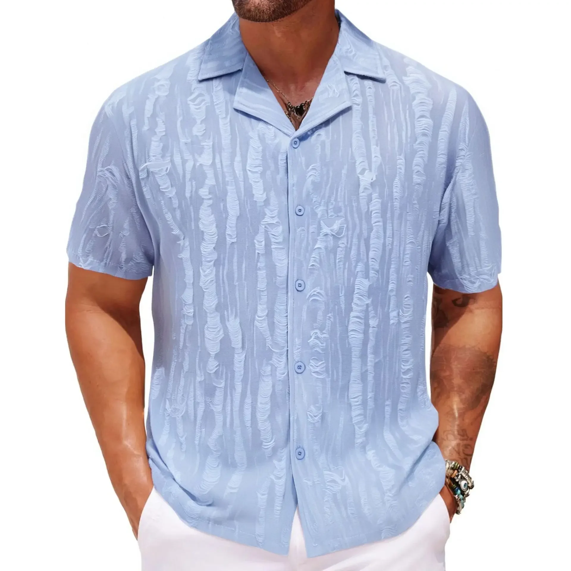 New Men's Summer Top Cuban Collar Short Sleeved Shirt Loose Half Sleeved Hawaiian Shirt Men Clothing L