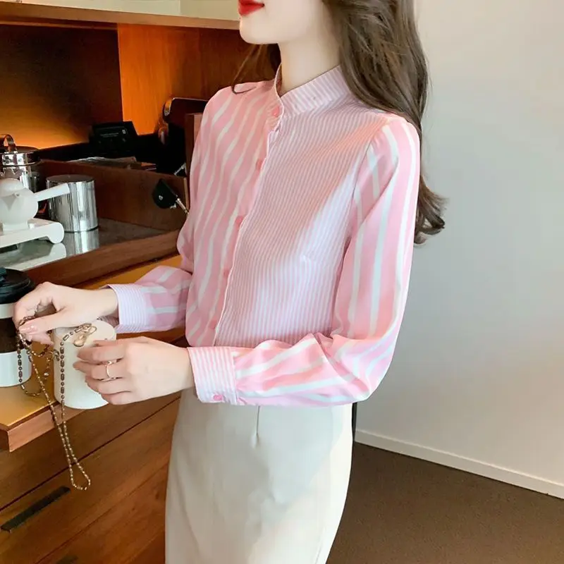 Women\'s Korean Fashion Pink Striped Button Up Shirt Spring Autumn Stand Collar Blouse Sweet Chic Tops Long Sleeve Blusas Mujer