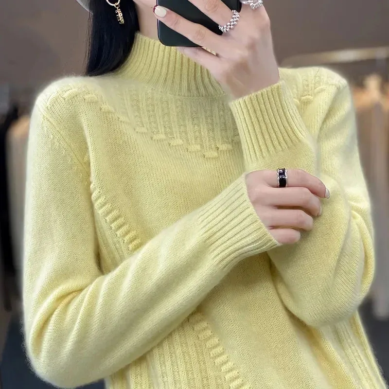 Sweater Korea wanita, pakaian rajut lengan panjang kerah setengah tinggi musim gugur musim dingin wanita warna polos rajutan