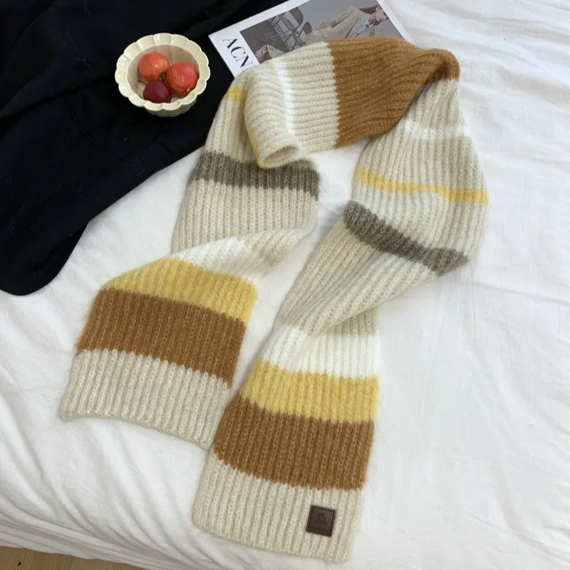 Korean version of winter color striped British style color matching mohair scarf with camel wool leather label
