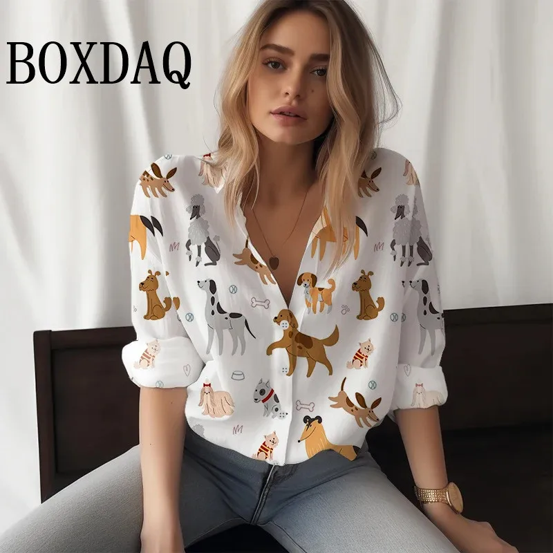 2024 New 3D Digital Cute Dogs Cats Printed Women\'s Shirts Long Sleeve Fashion Blouses Casual Daily Autumn Winter Christmas Tops