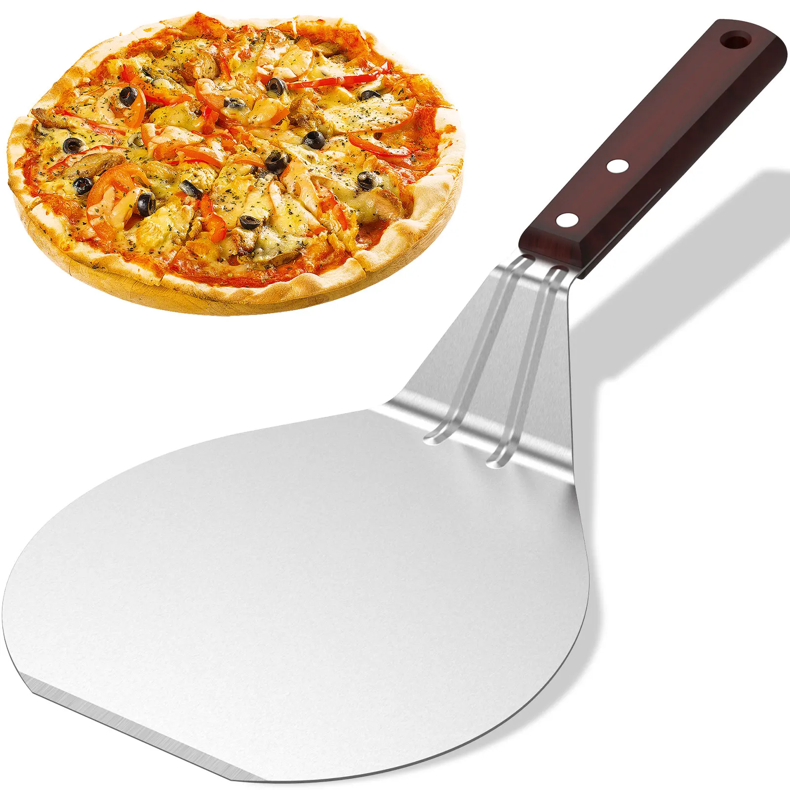 Stainless Steel Pizza Peel Non-stick Metal Pizza Paddle Flip Pizza Spatula Cake Lifter Transfer Tray Oven Turning Pizza Shovel