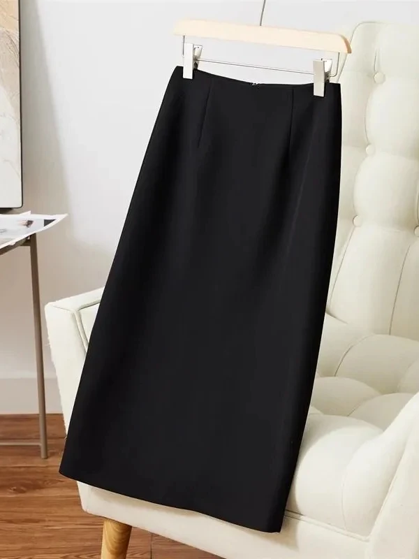 High Waist Tailored Fabric Midi Skirt Asymmetrical Hem Simple Design Straight Cut A-Line Skirt for Women Summer Season