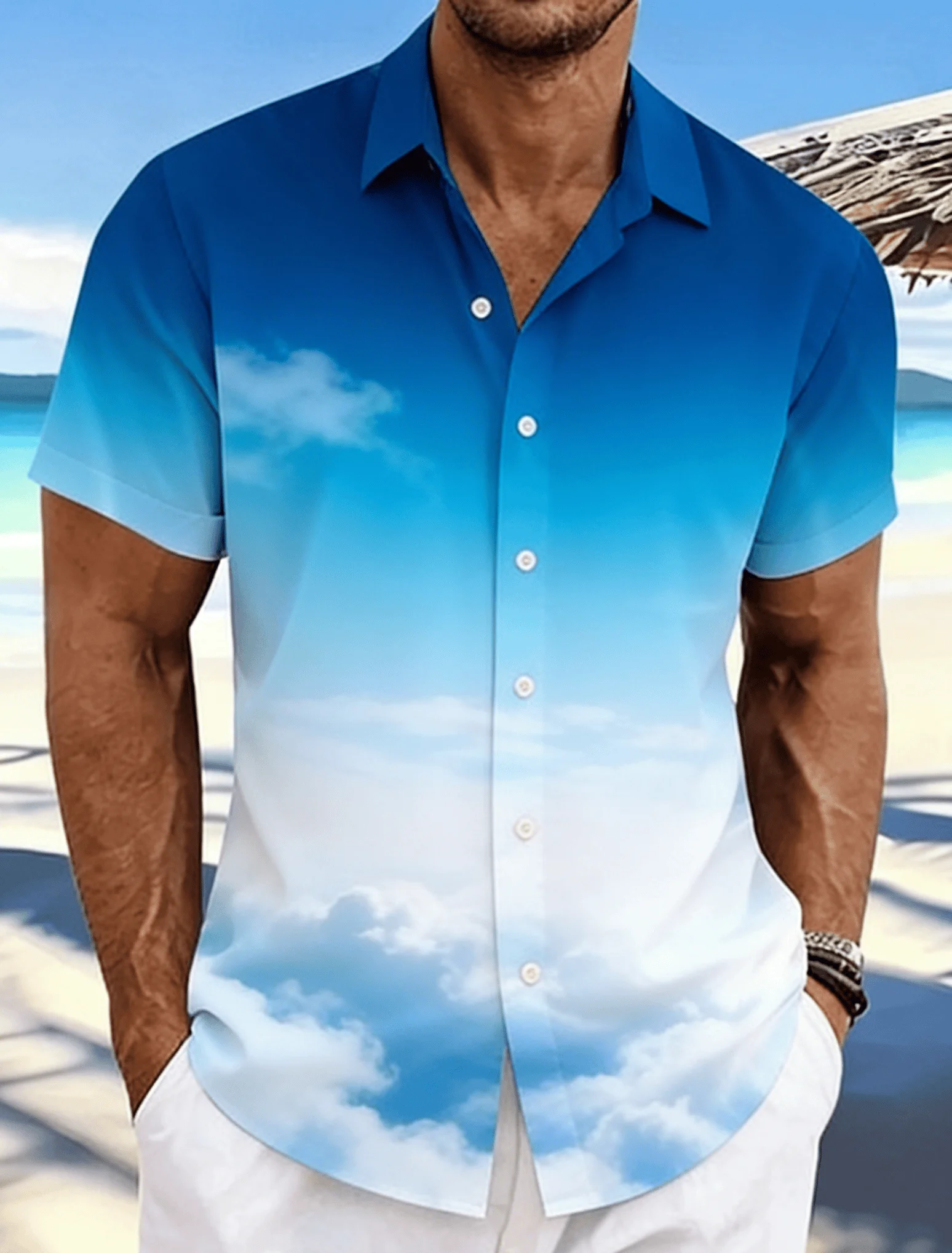 

Men's Gradient Aurora Light Print Short Sleeve Shirt, Spring Summer Cyber Casual Vacation Blouse, Loose Casual Top