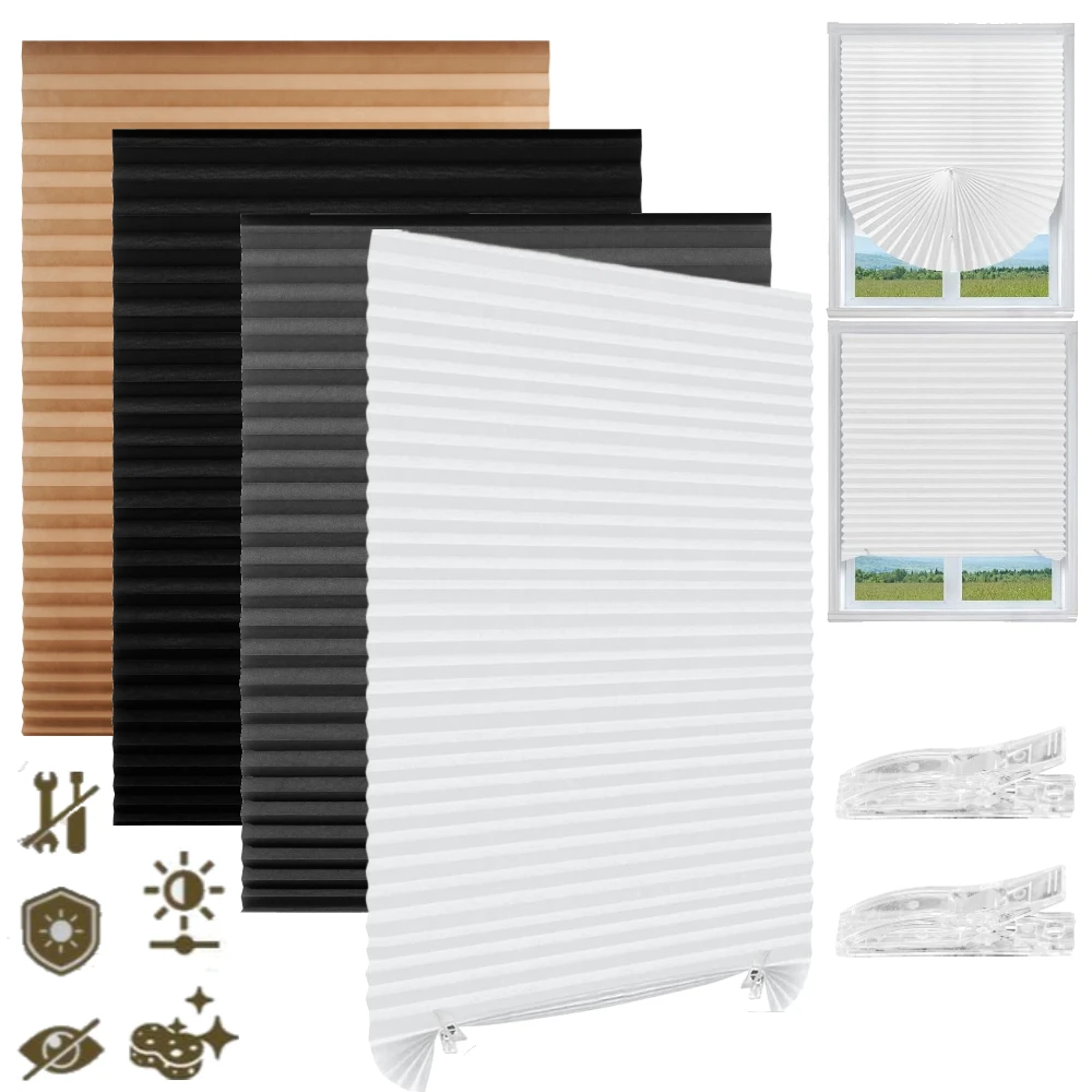 Window Blinds Cordless No Drill Cut to Size Clip On Stick On Self Adhesive Temporary Blinds Pleated Paper Blinds for Window Door