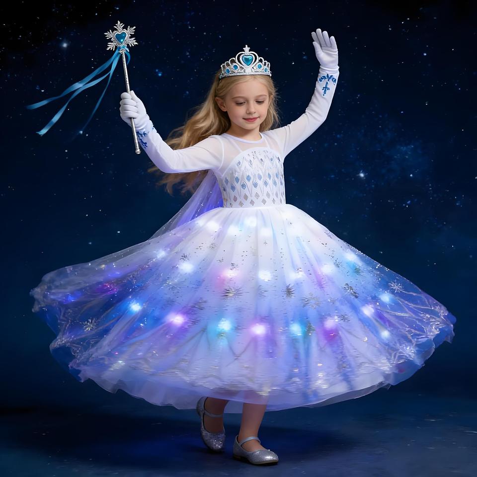  2025 LED Light Dresses Elsa for Girls Kids Cosplay Costumes Christmas Party Prom Gown Robe Play Clothes Princess Dress Up 