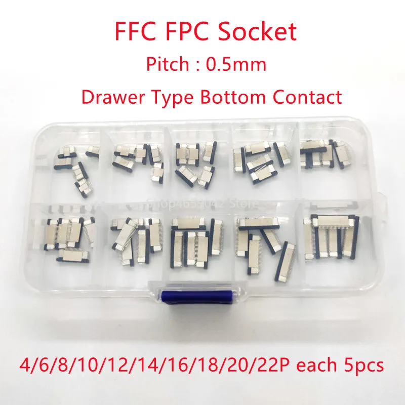 50pcs/boxed FFC FPC Connector 0.5mm Pitch Drawer Type Bottom Contact Flat Cable Socket 4/6/8/10/12/14/16/18/20/22 Pin Kits