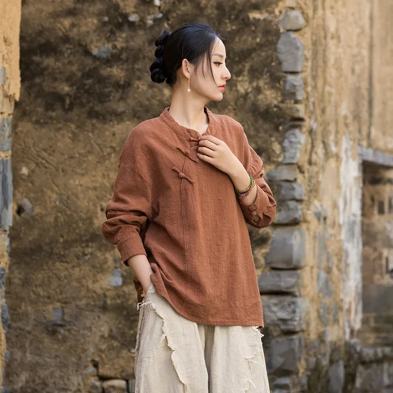 2026 Spring Casual Cotton Linen Women Top Sand Washed Vintage Distressed Slant Placket Frog Button Zen Style Long Sleeve T Shirt