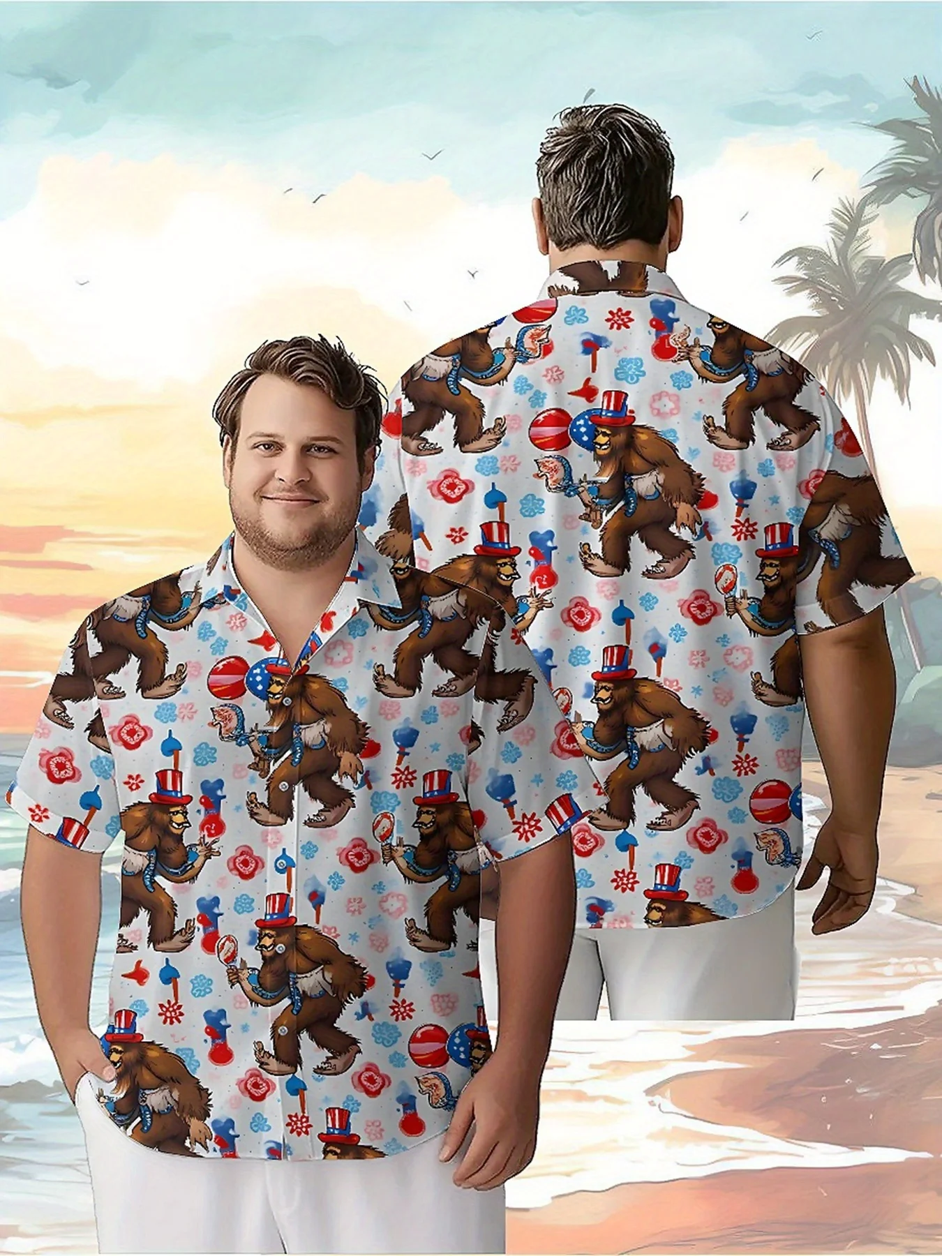 Men's Plus Size Hawaiian ShirtsSasquatch Independence Daypattern, Fashionable Aloha Shirt, Summer Casual Top,3D Unisex Clothes