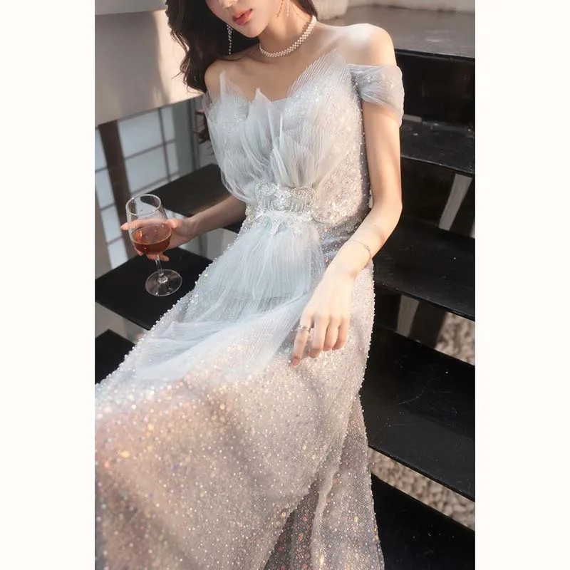 Elegante formele avondjurk strapless off-shoulder delicate pailletten backless bandage slanke A-lijn vrouwelijke banket feestjurk