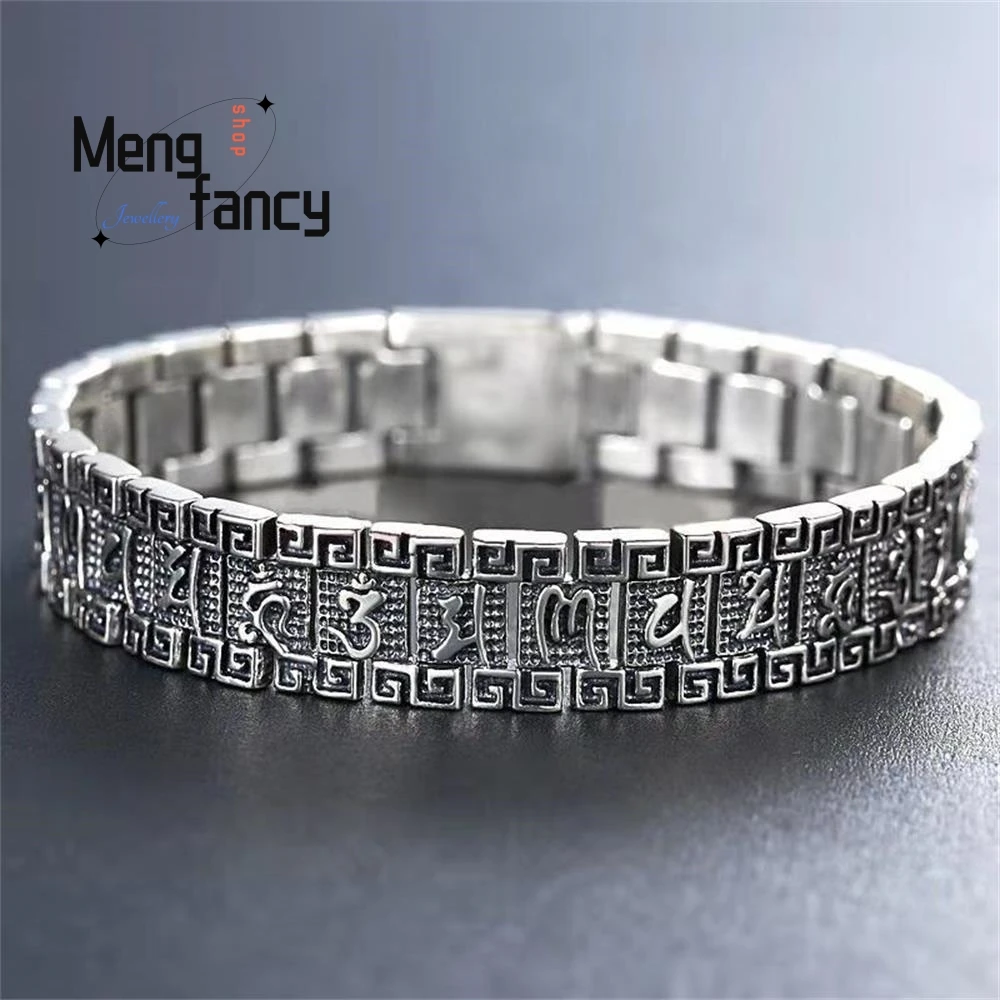 

Six Character Classic Men's Bracelet Silver Wide Version Retro Personality Publicity Exquisite High-grade Luxury Quality Jewelry