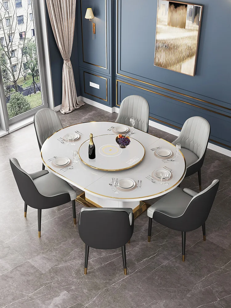 

Dining table and chair combination round table, household dining table, tempered glass face with induction cooker