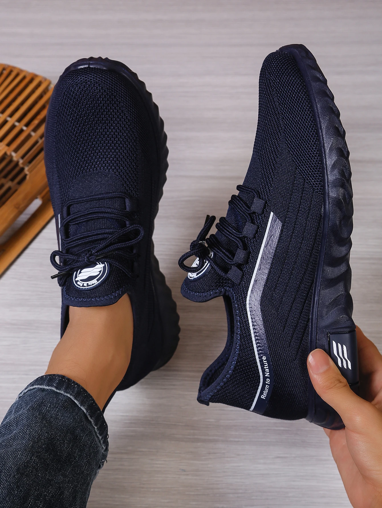 Herren Casual Strick-Schnürsneaker, Atmungsaktives Mesh-Obermaterial Sportschuhe, Ganzjährig Leichte Fußbekleidung – Detail 10