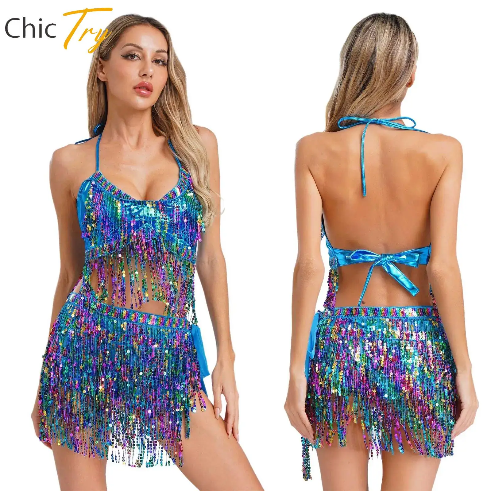 

2 Pcs Womens Belly Dance Set Cha-Cha Samba Spanish Dance Performance Competition Outfit Shiny Sequin Tassels Tops Hip Skirt Sets