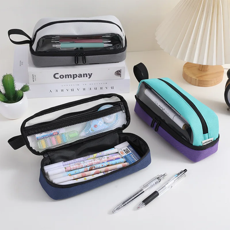 New Cute Color Block Stationery Organizer Double Zipper Pencil Case Large Capacity Pencil Pouch Student Back To School Supplies