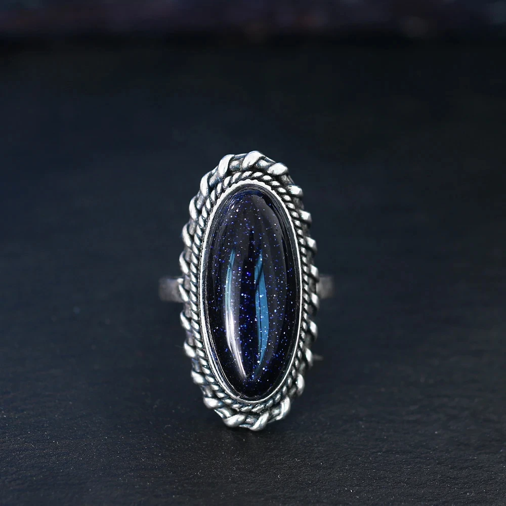 Women's Retro Silver Vintage Blue Sandstone Ring, 925 Sterling