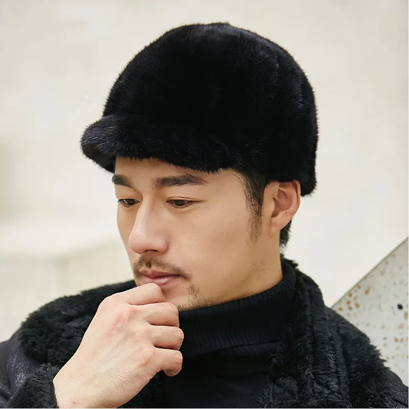 Winter Thicked High Quality Real Mink Fur Bomber Hat For Man Black/Brown Tag Elderly Ear Warm  Baseball cap