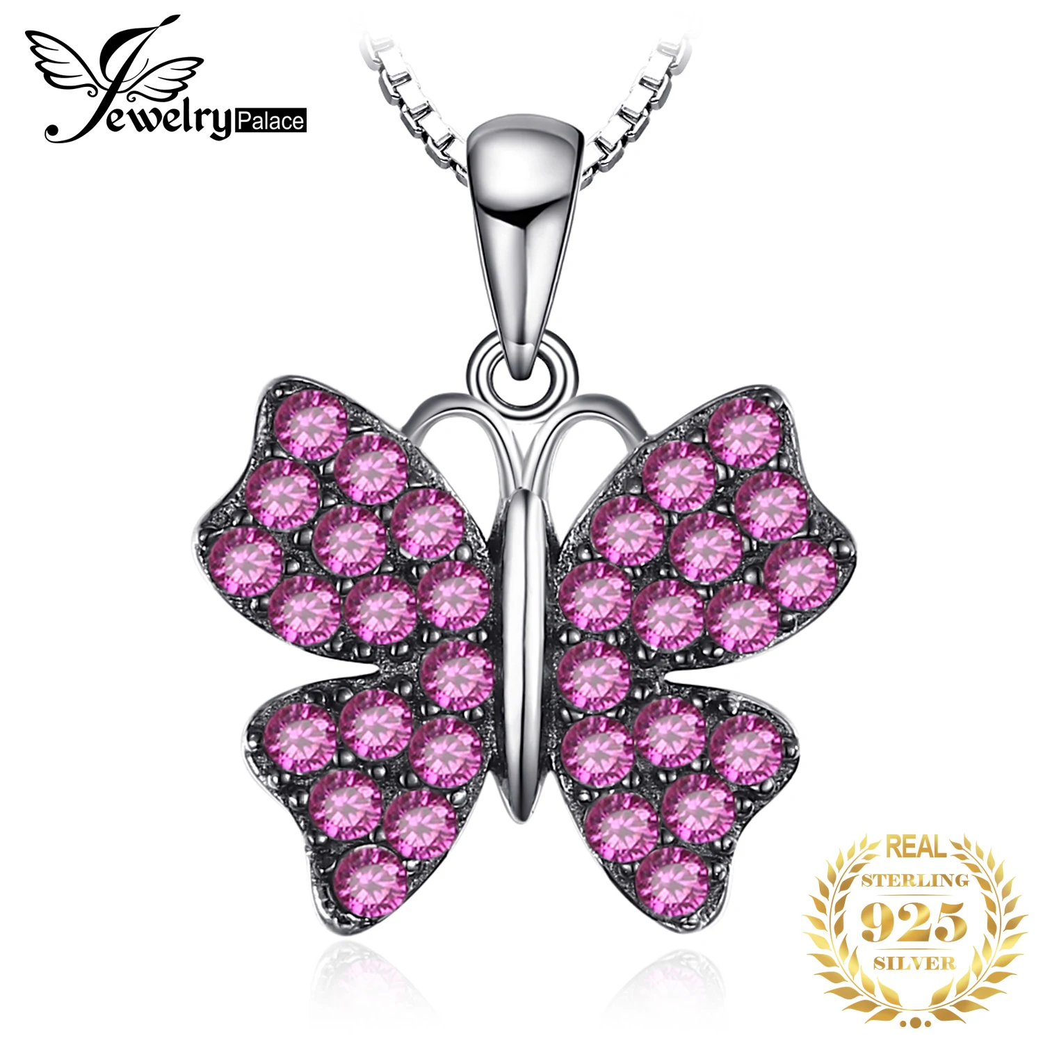 

JewelryPalace Butterfly Pink Created Ruby 925 Sterling Silver Pendant for Women Statement Gemstone Necklace Without Chain