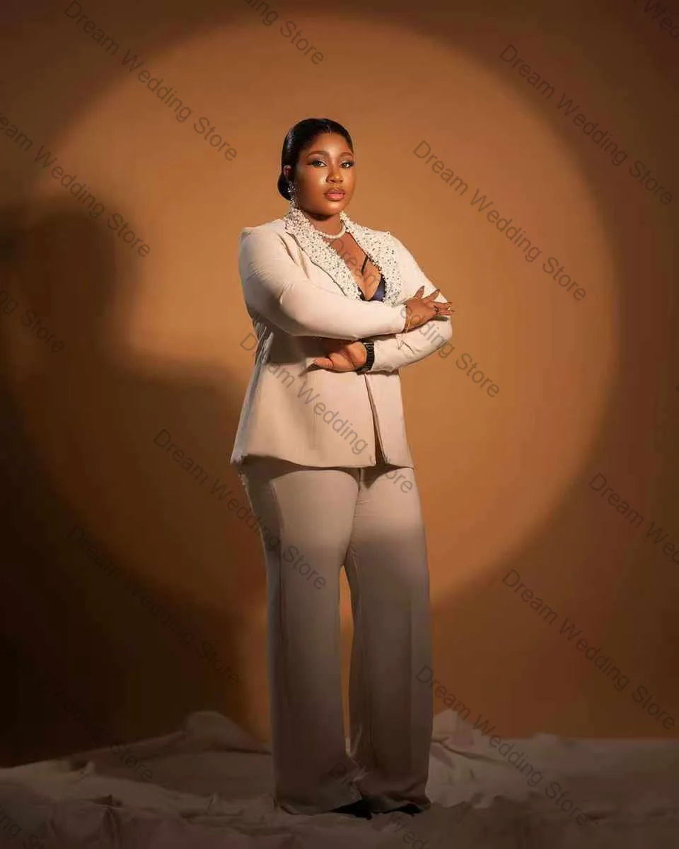 

Beige Women Suit Set 2 Pcs Blazer+Pants Luxury Crystals Formal Office Lady Jacket Customized Cotton Wedding Tuxedos Guest Coat