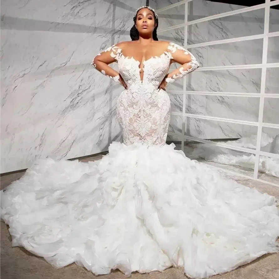 Customized Plus Size Wedding Dresses Off The Shoulder High Beading Ruffles Pleated Casamento Mermaid Bride Dress Ivory Applique