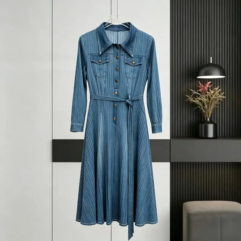 Pleated Dresses 2026 Autumn New V-neck Long Sleeve Faux Denim Print Fashion Casual Elegant Women's Long Dress