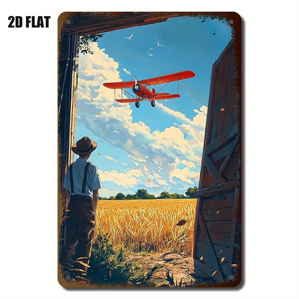 Aviation Metal Wall Art - Red Biplane & for Man in Hat Over Golden Field, Rustic Weathered Finish Retro WWI-Era Inspired Design