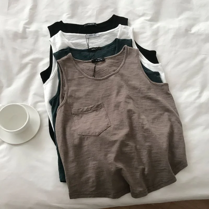 

Женская летняя тонкая майка больших размеров с карманами, без рукавов, в корейском стиле, базовая, скрывающая недостатки фигуры