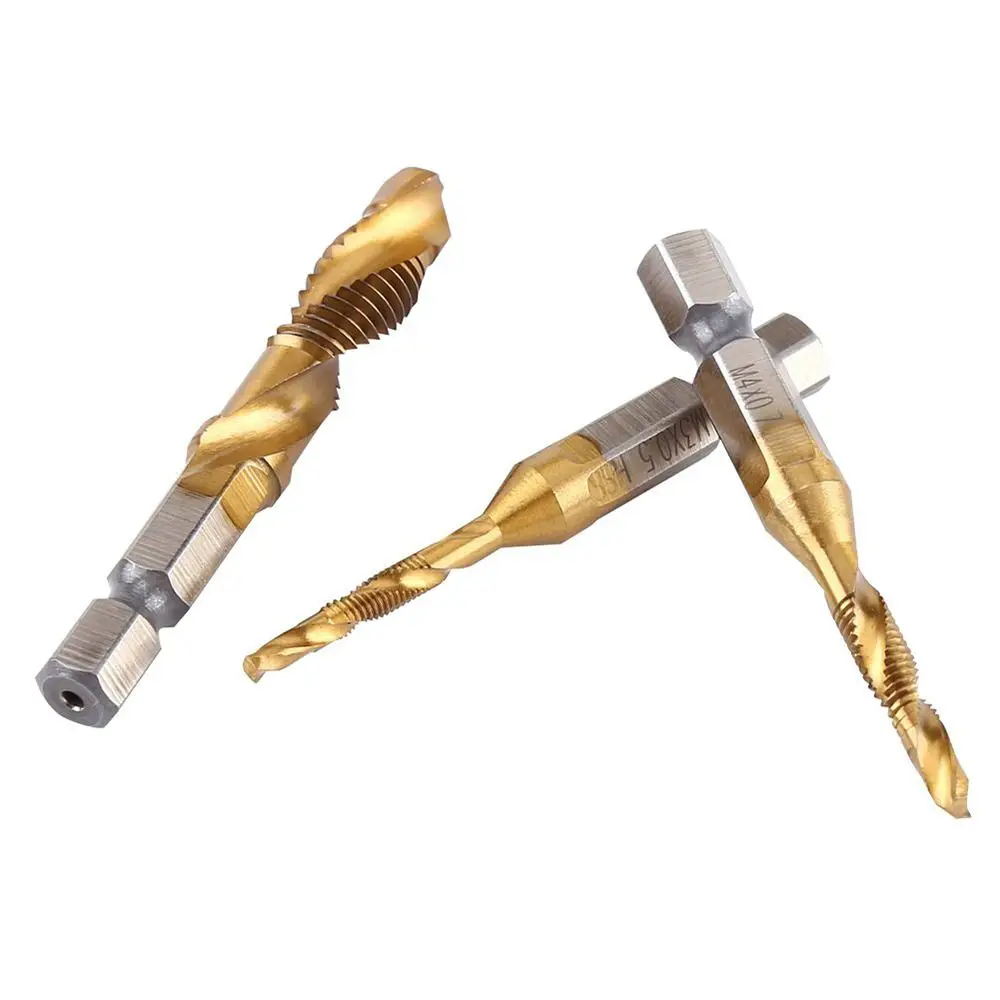 Compound Tap HSS Screw Thread Bit Screw Machine Shank Tap Drill Bits Titanium Plated Hex Shank Tap Drill Bit