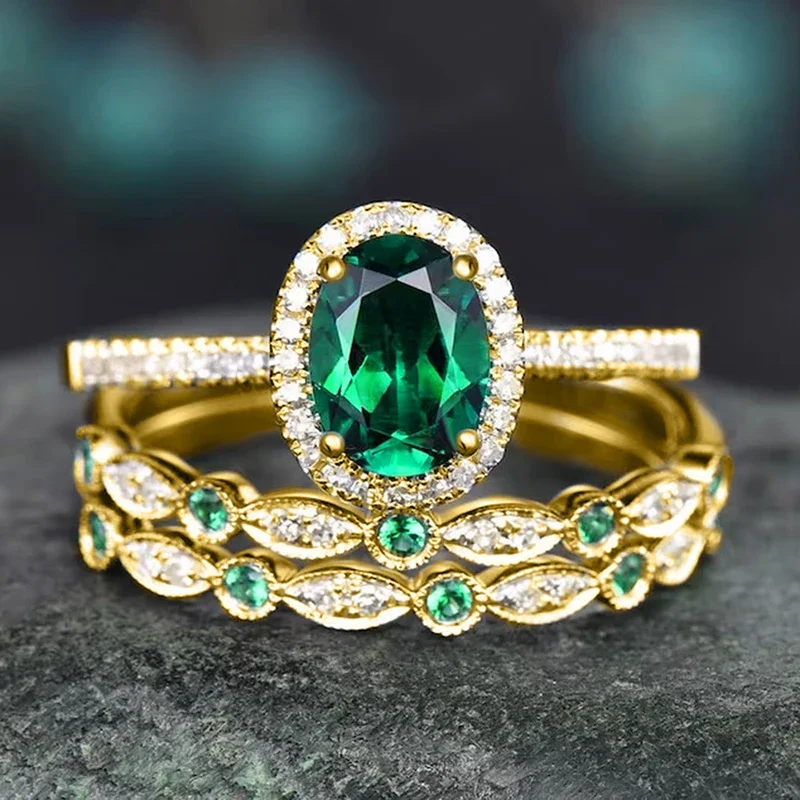 Huitan Luxus-Ring-Set mit grünem Zirkonia, bezaubernd, exquisit, brillant, wunderschöne Accessoires, modischer Hochzeitsschmuck