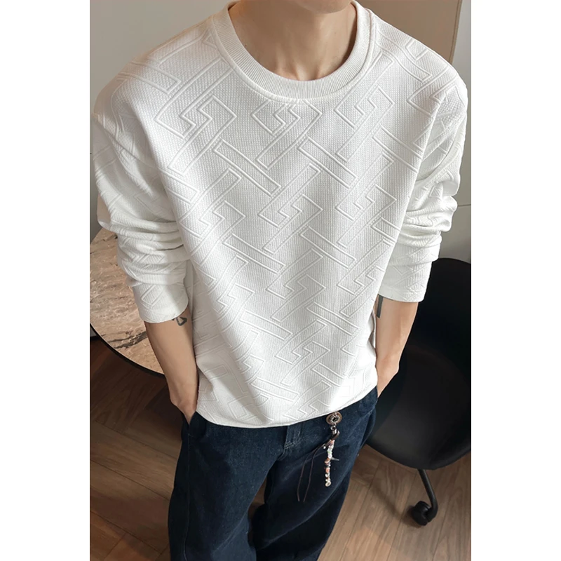 Autumn Long Sleeved T-shirt Men Fashion White Casual T-shirt Men Streetwear Korean Loose Round Neck T Shirt Mens Top Large Size