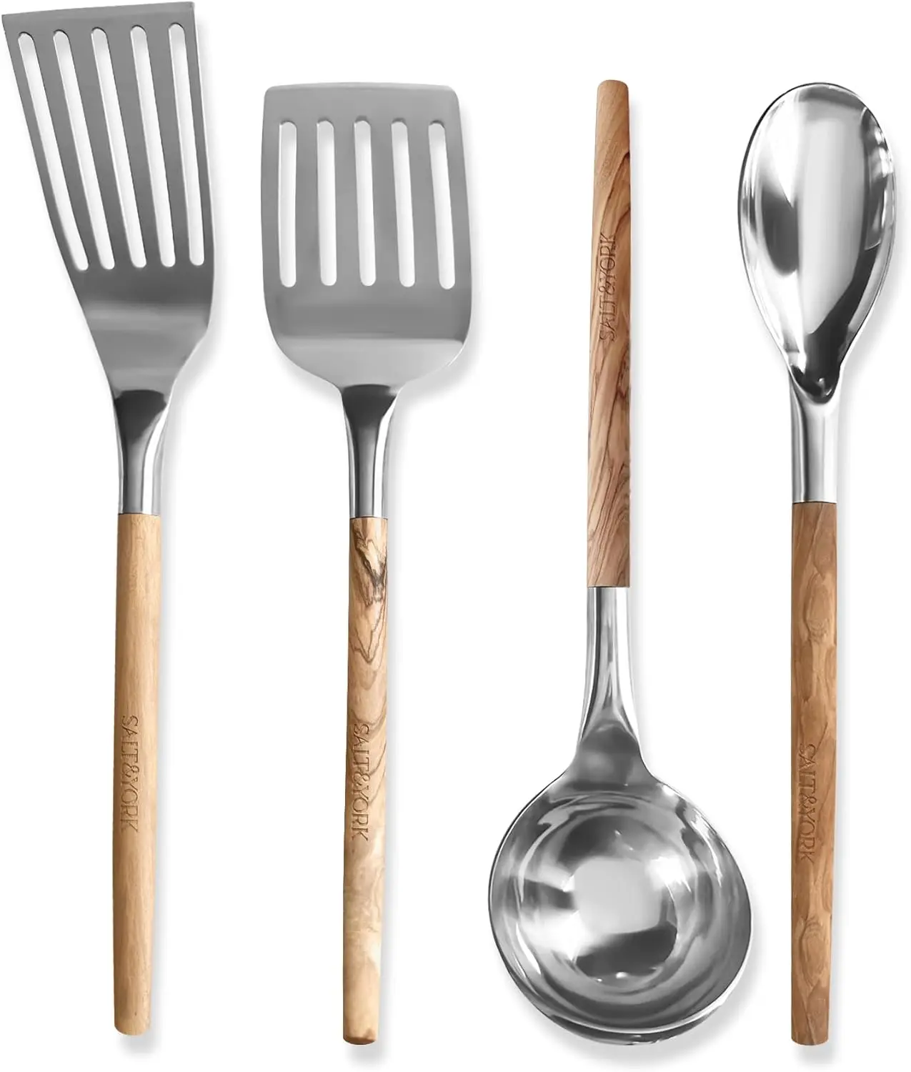 

Набор кухонных принадлежностей премиум-класса — нетоксичные кухонные инструменты из нержавеющей стали из 4 предметов с деревянными ручками ручной работы — лопатка