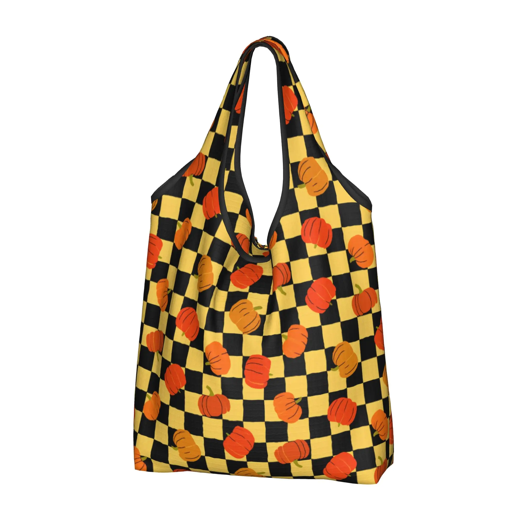 Pumpkin Patch Toss Halloween  Grocery Tote Shopping Bags Funny Orange on Yellow Black Checkered  Shopper Shoulder Bags Handbags