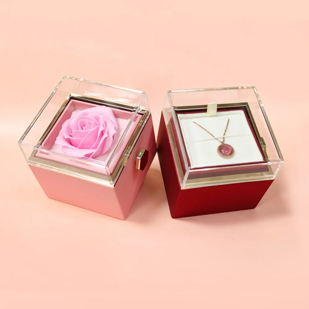 

Rotation Rose Jewelry Gift Box Ring Display Necklace Storage Proposal Ring Boxes Dustproof Eternal Rose Jewelry Display Rack
