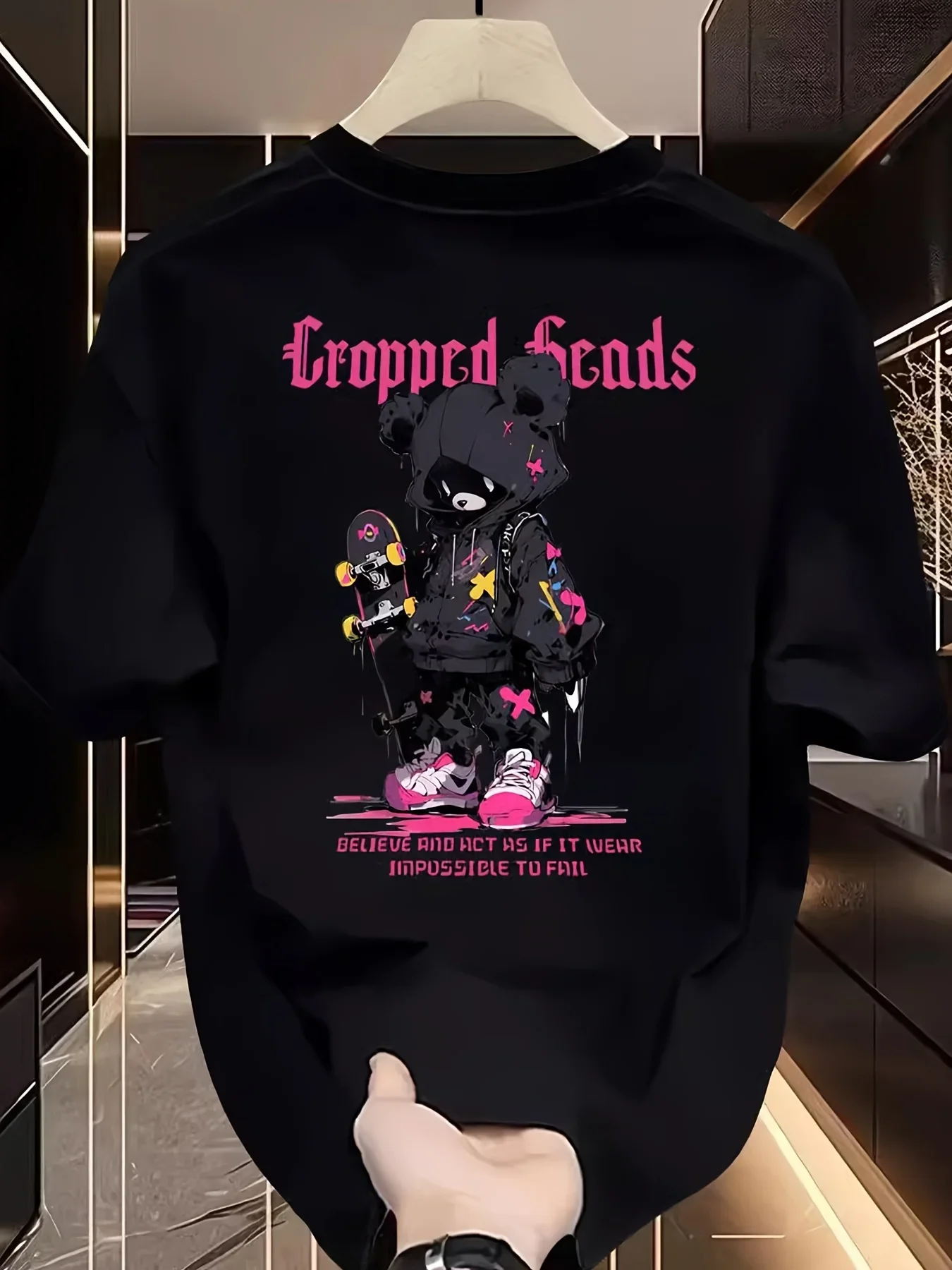 Men's 100% Cotton Summer T-Shirt Pink Black Bear Skateboard Print Casual Street Style Couple T-Shirt