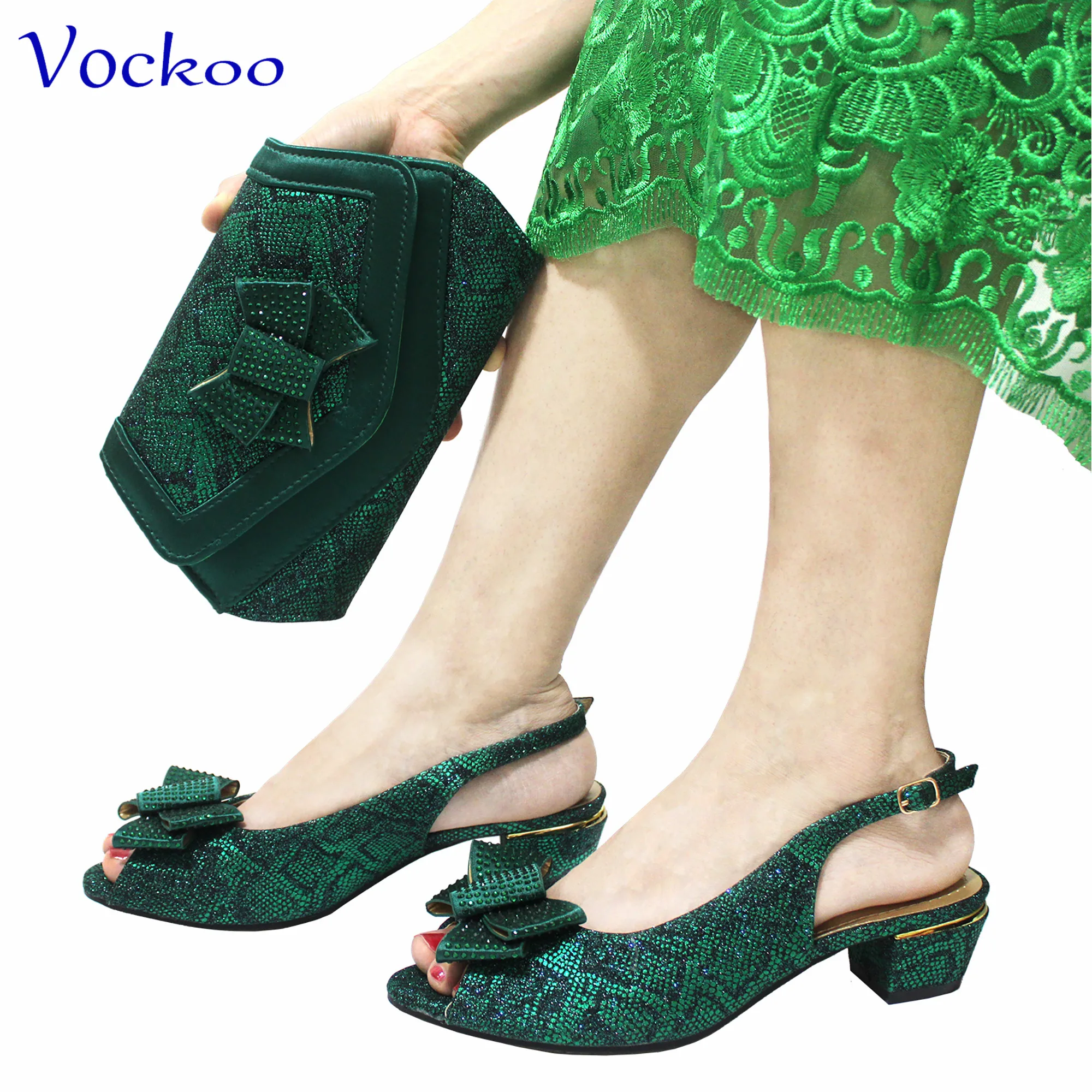 2024 New Design Specials Italian Women Shoes Matching Bag Set in Dark Green Color Comfortable Heels with Appliques for Wedding