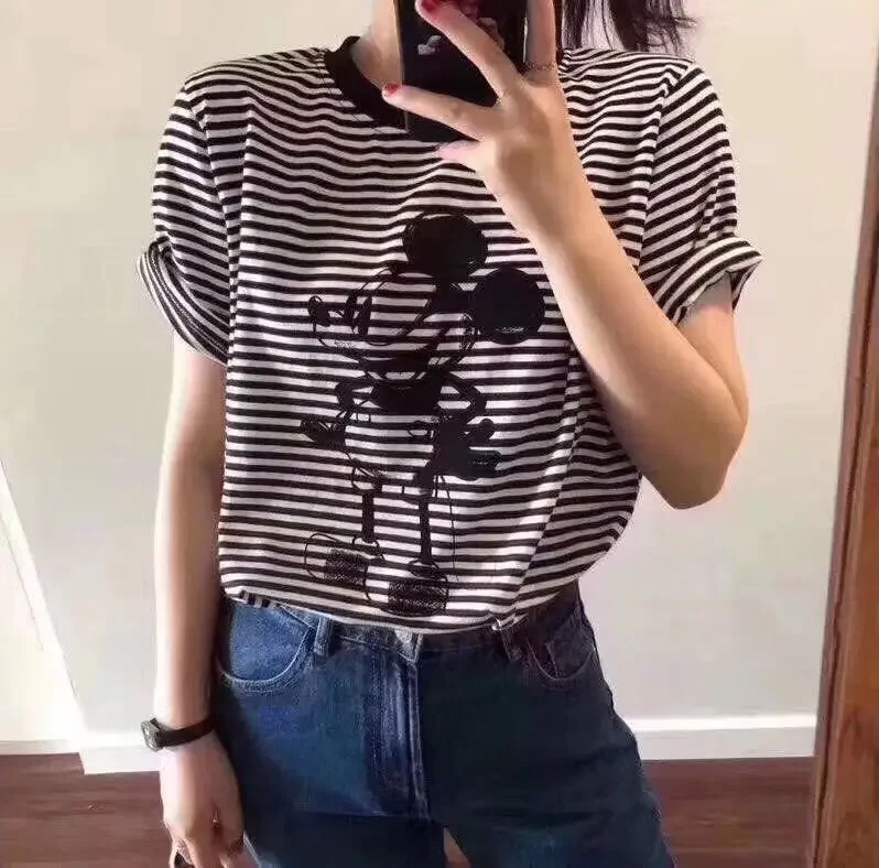  Black White Striped Bottoming Shirt Women's 2023 New Inner Wear Loose Pure Cotton Cartoon Long-Sleeved T-shirt Top