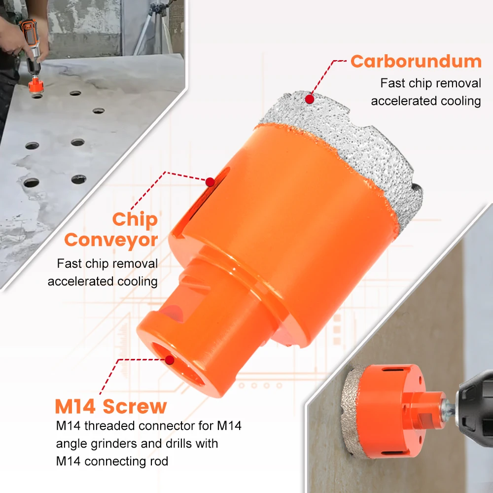 M14 Thread Diamond Dry Vacuum Brazed Drilling Core Drill Bits Set Porcelain Cup Saw Tiles Granite Marble Hole Saw Tools 15Pcs