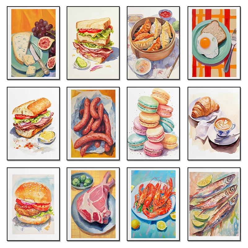 Póster de arte de pared con dibujos de sopa, comida, acuarelas, hamburguesas, queso, gyozas, donuts, sándwiches y pasteles, cuadros en lienzo para decoración del hogar, cocina y habitación.