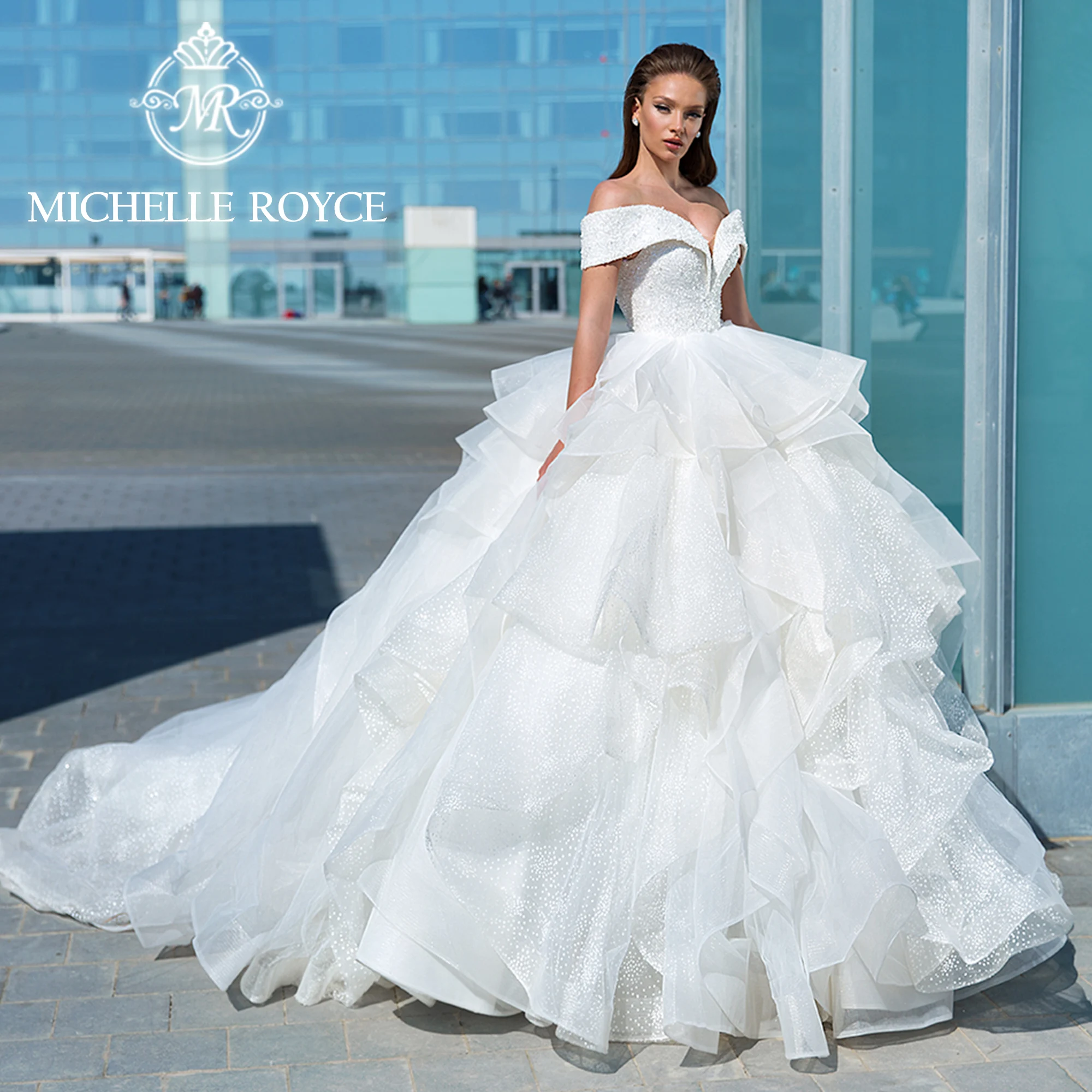 

Michelle Royce Ball Gown Wedding Dresses For Woman 2024 Sweetheart Beading Tiered Lace Cap Sleeve Wedding Gown Vestidos De Novia