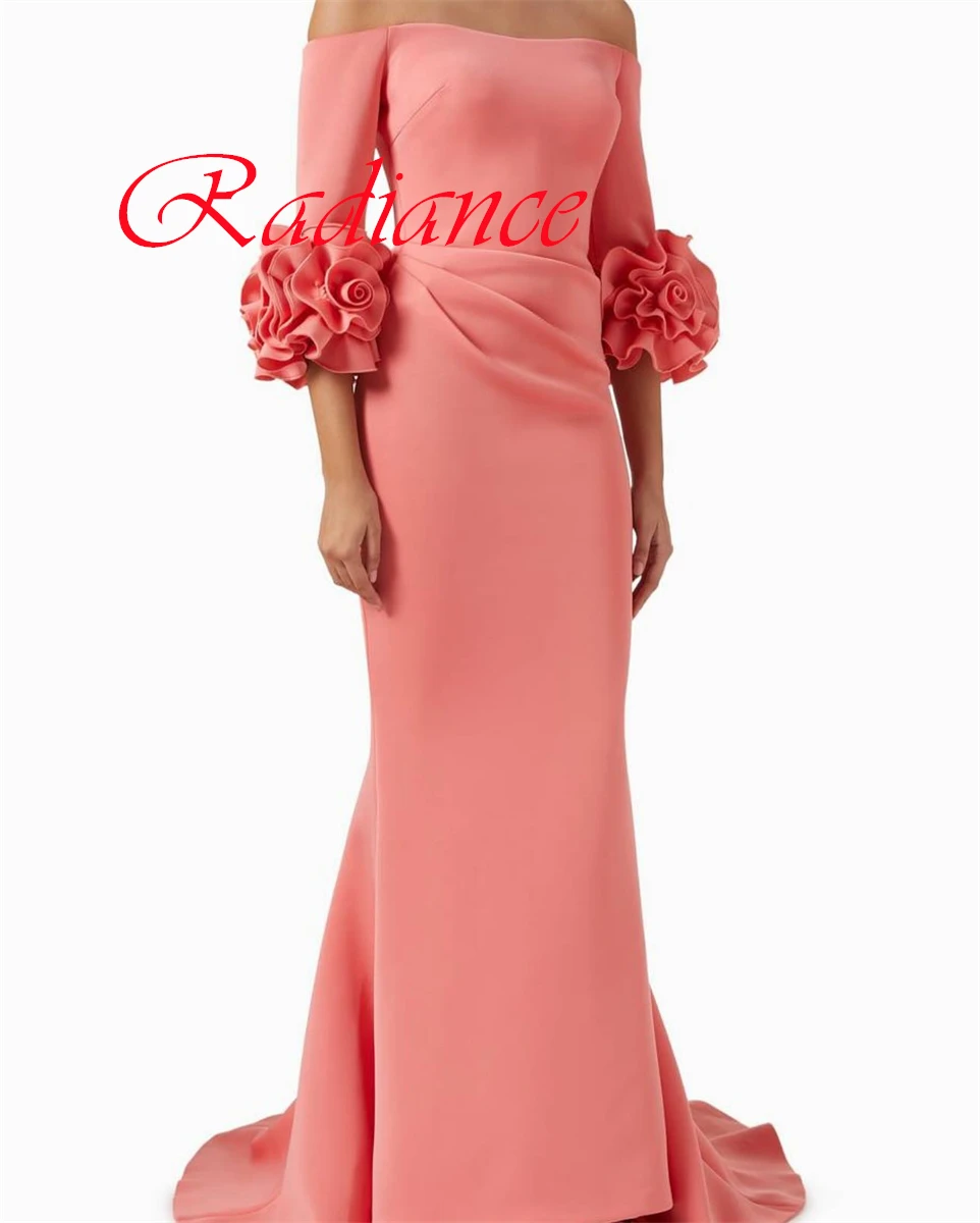 

Customized Classic Pink Jersey Evening Dress Delicate Boat Neck Off the Shoulder 3/4 Sleeves Zipper Back Mermaid Cocktail Dress