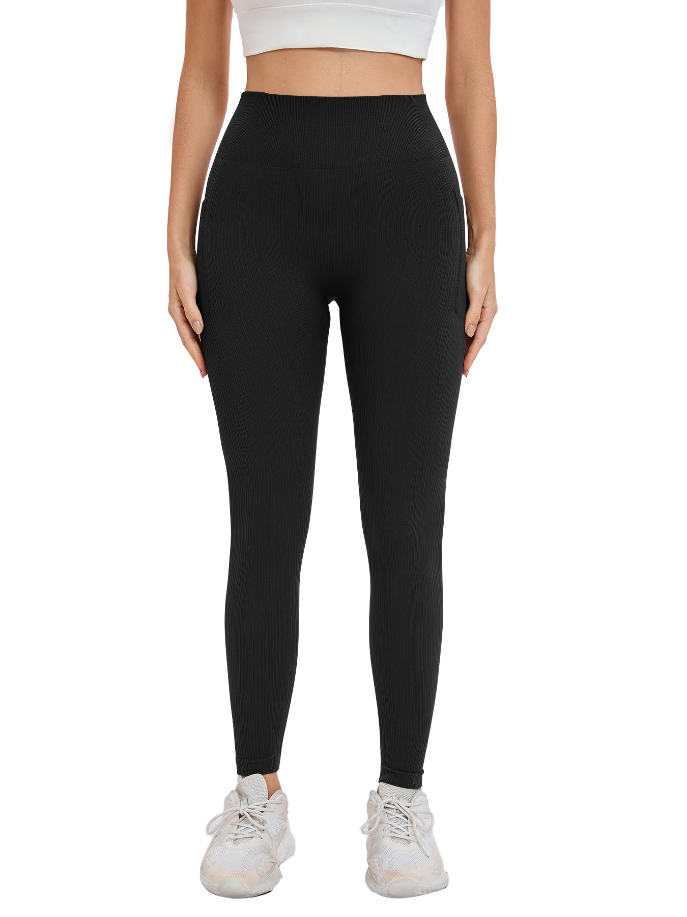 Women's solid color threaded sports leggings seamless cross-border yoga pants high-waisted fitness pants Yoga wear with pocket image 3