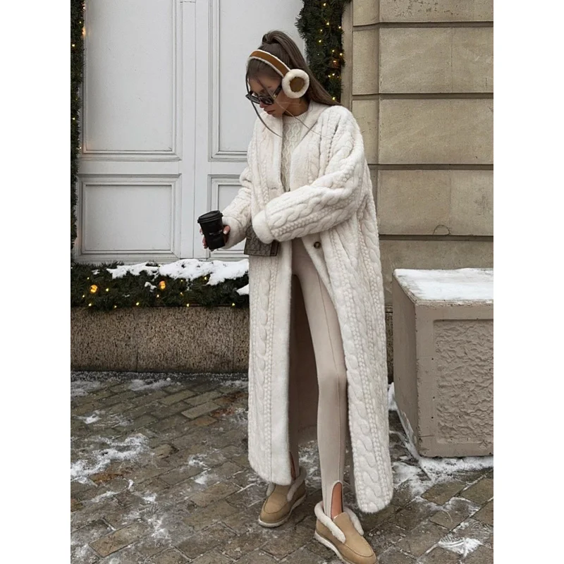 QICHE 2026 Winter Outerwear, Ladies Extra Long Textured Faux Fur Coat Open Front Warm Artificial Fur Overcoat