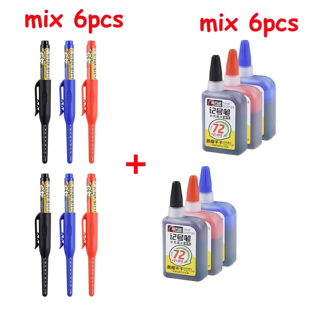 1-6 Stuks 45mm Waterdichte Lange Hoofdpunt Diepgat Markers Pen Tegel Timmerman Pen Multifunctioneel voor Houtbewerking Zwart/Blauw/Rode Inkt
