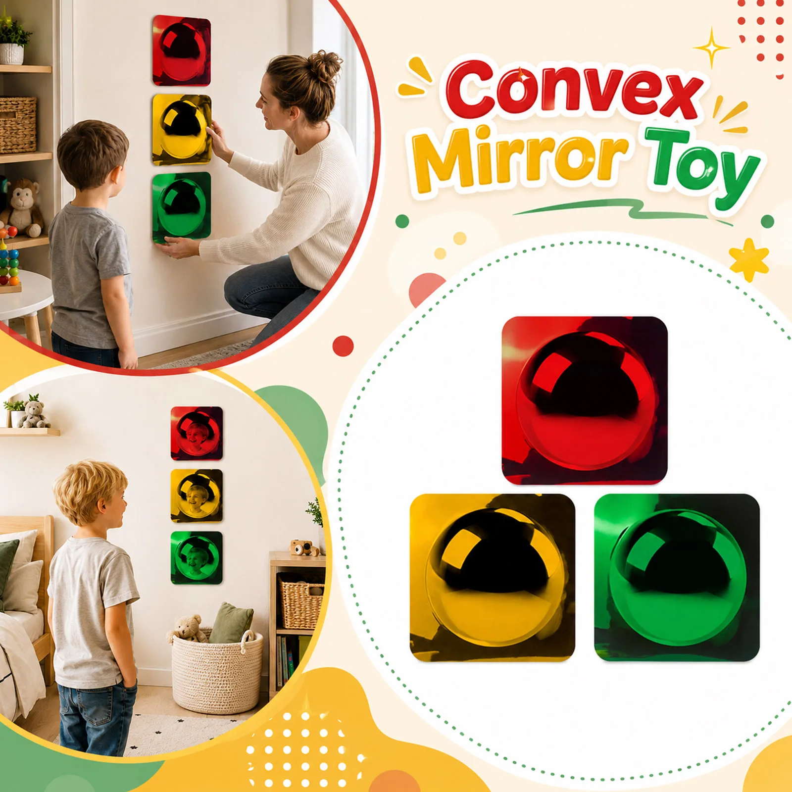 Children's Visual Training Sensory Acrylic Bubble Mirror, Red/Yellow/Green 3 Colors Mirror, Montessori Toy Opend Activity Game