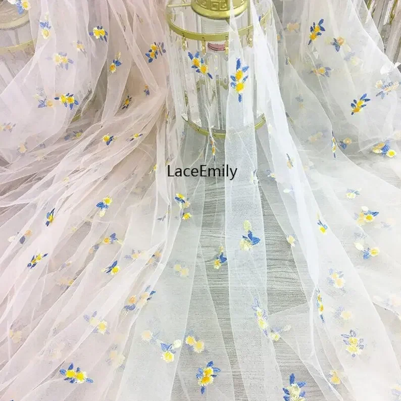 Delicate small flower embroidery Lace Fabric flowers soft pink mesh tulle For Wedding Gown, Bridal Dress,  Party Dress 1 Yard