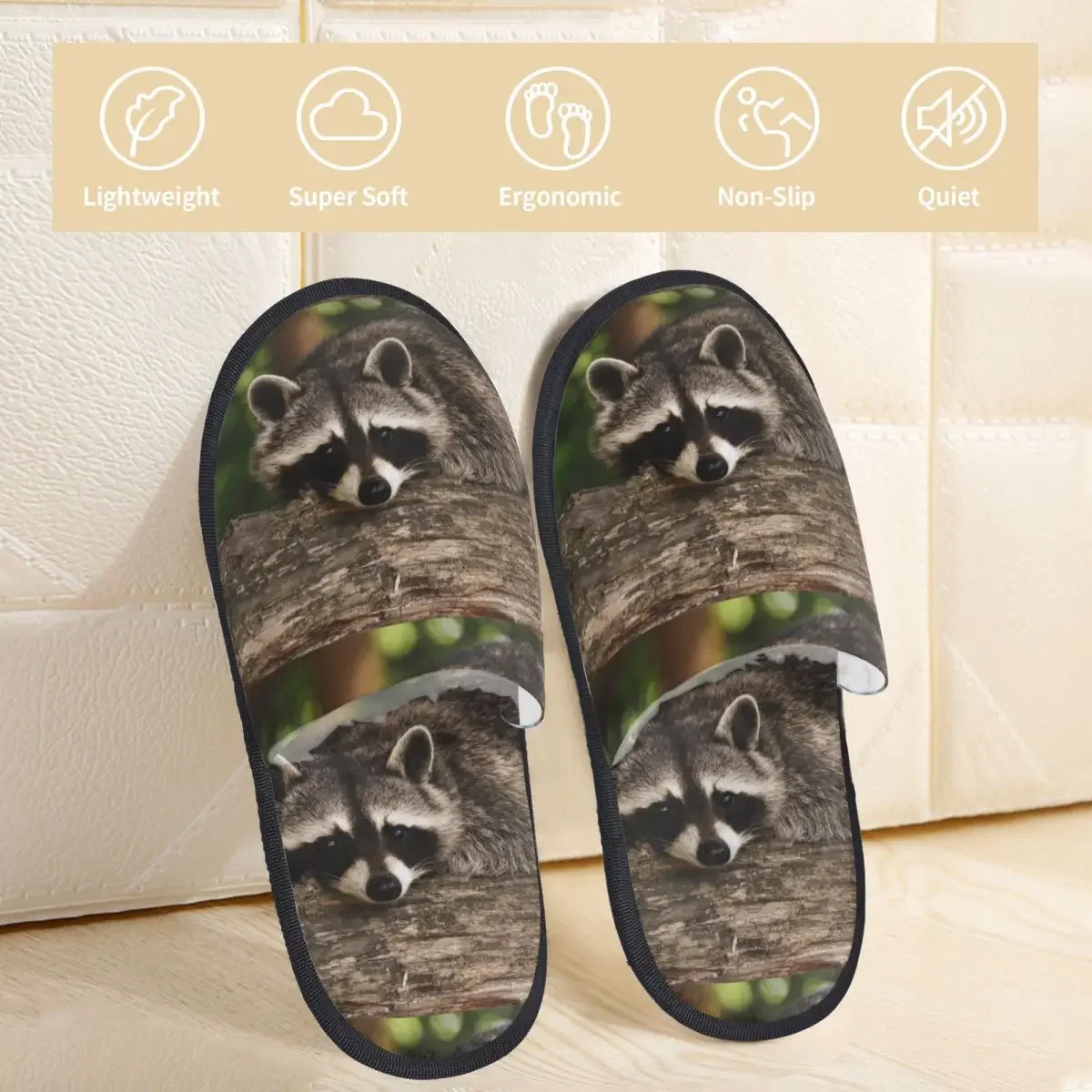 Men Women Plush Indoor Slippers Raccoon On Wood Warm Soft Shoes Home Footwear Autumn Winter 2023