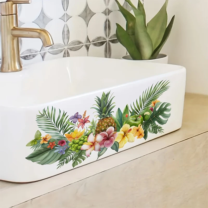 Fresh Floral Pattern Sink Area Background Wall Sticker Bathroom Wall Decoration Self-Adhesive Removable Waterproof Creative Stic